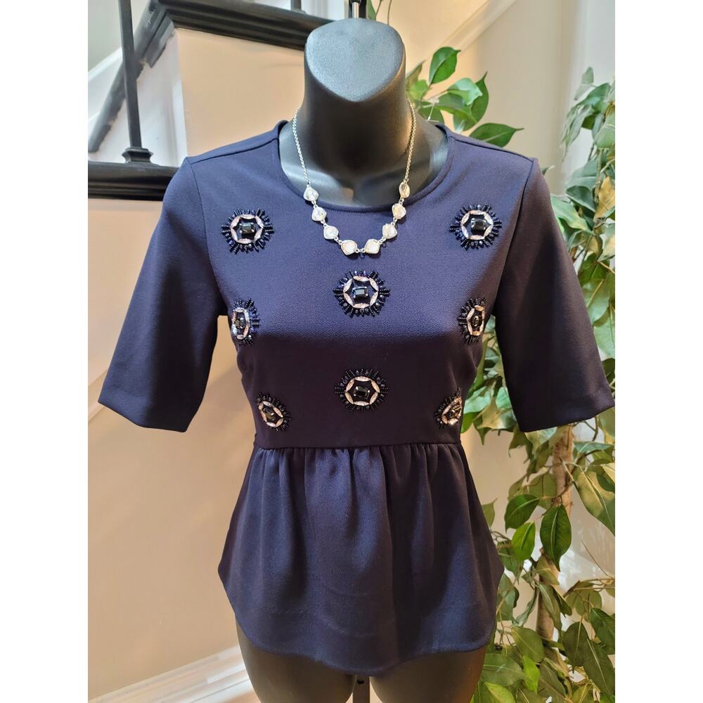 Ann Taylor Peplum Top XS Navy Embellished Short Sleeve Pullover Casual Party